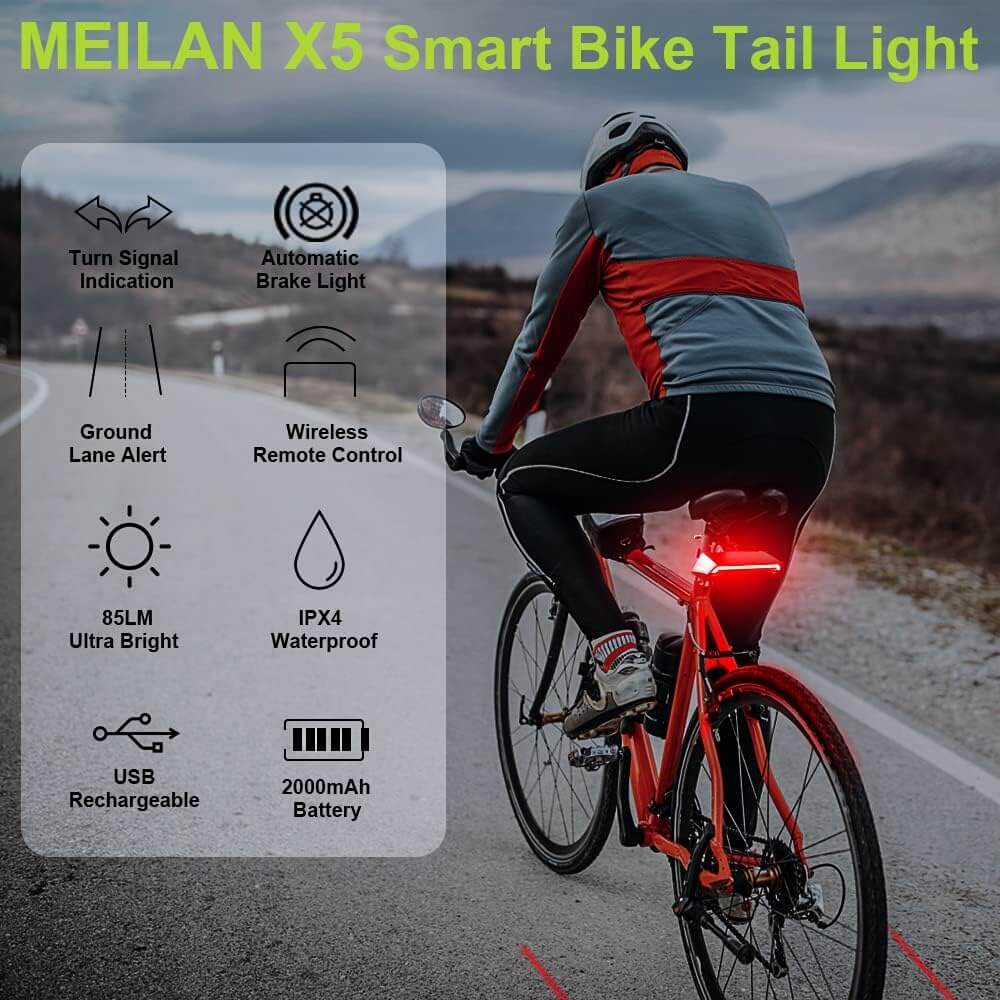 MEILAN Bicycle Taillights Smart Bike Tail Light with Turn Signals and Automatic Brake Light Wireless Remote Control USB Rechargeable