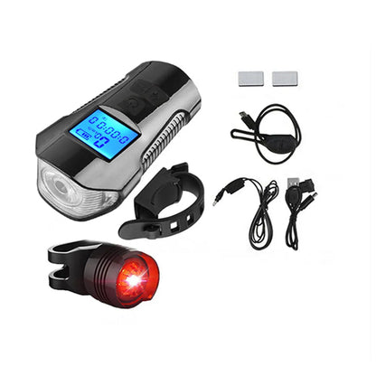 StopWatch USB Rechargeable LED Bike Front Light Headlight Horn with Speedometer