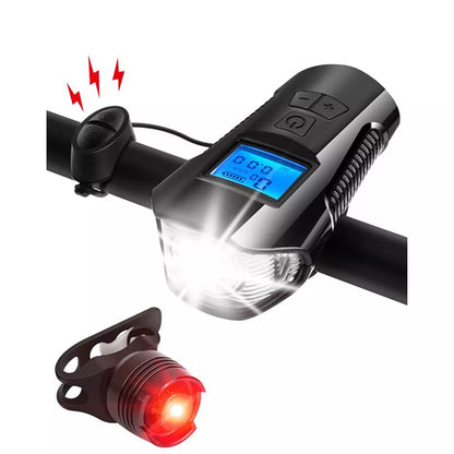 StopWatch USB Rechargeable LED Bike Front Light Headlight Horn with Speedometer